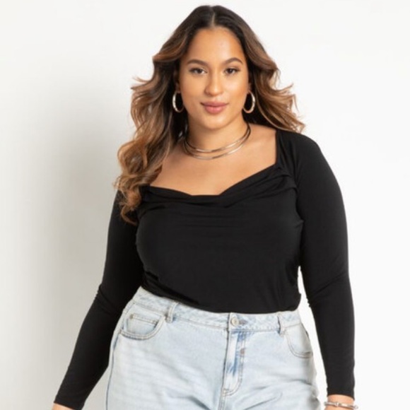 NWT Eloquii 26 /28 Black Long Sleeve Cowl Draped Ruched Neck Blouse - Picture 1 of 8
